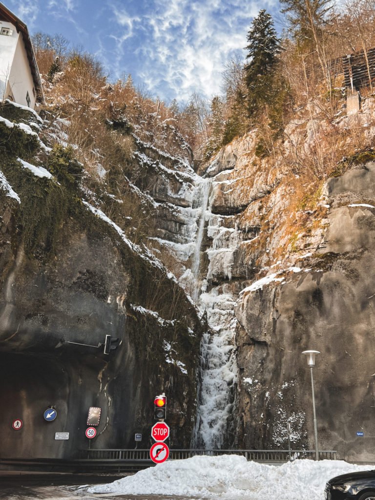 The frozen waterfall in Hallstatt.