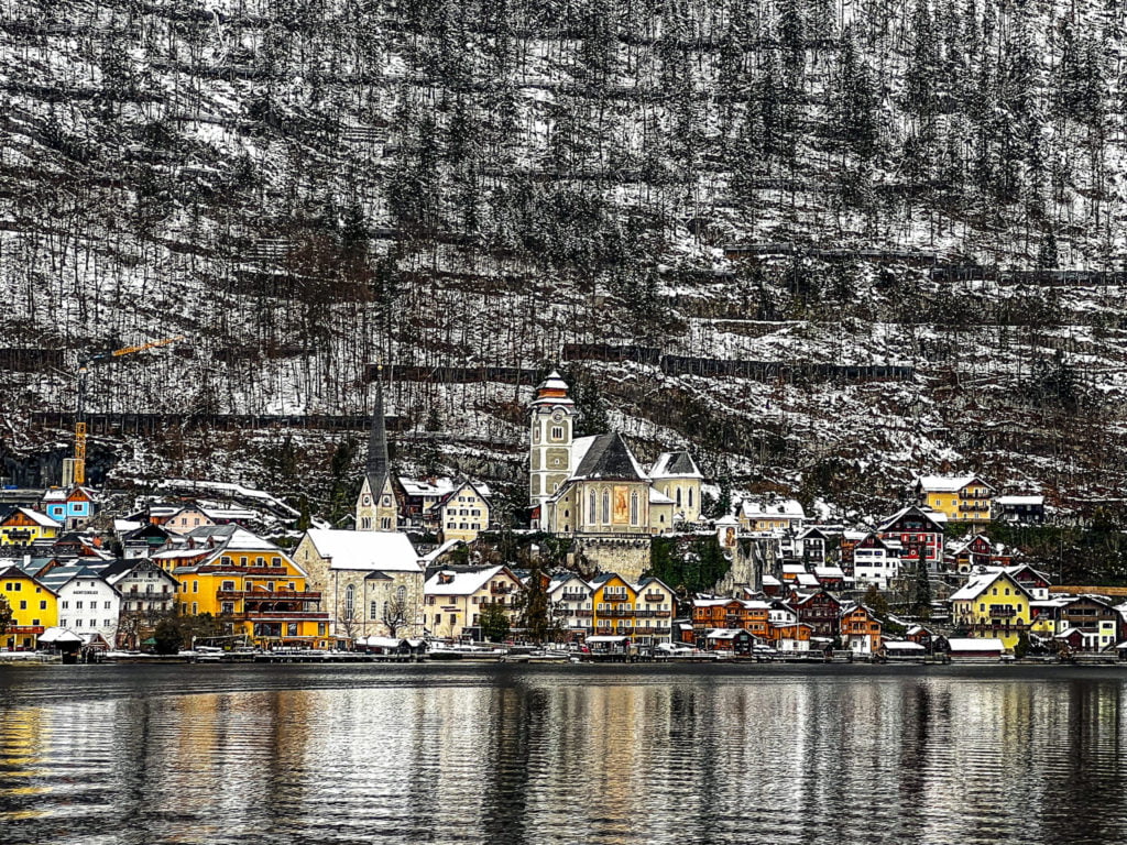 The village of Hallstatt on the shores of the Hallstatt Lake in Austria.
