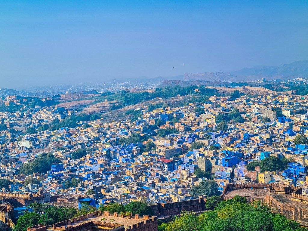 A city of blue buildings in India.