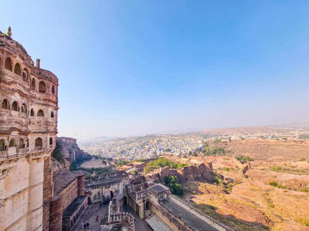 The gates of mehrangarh fort and the city of Jodhpur in the distance.