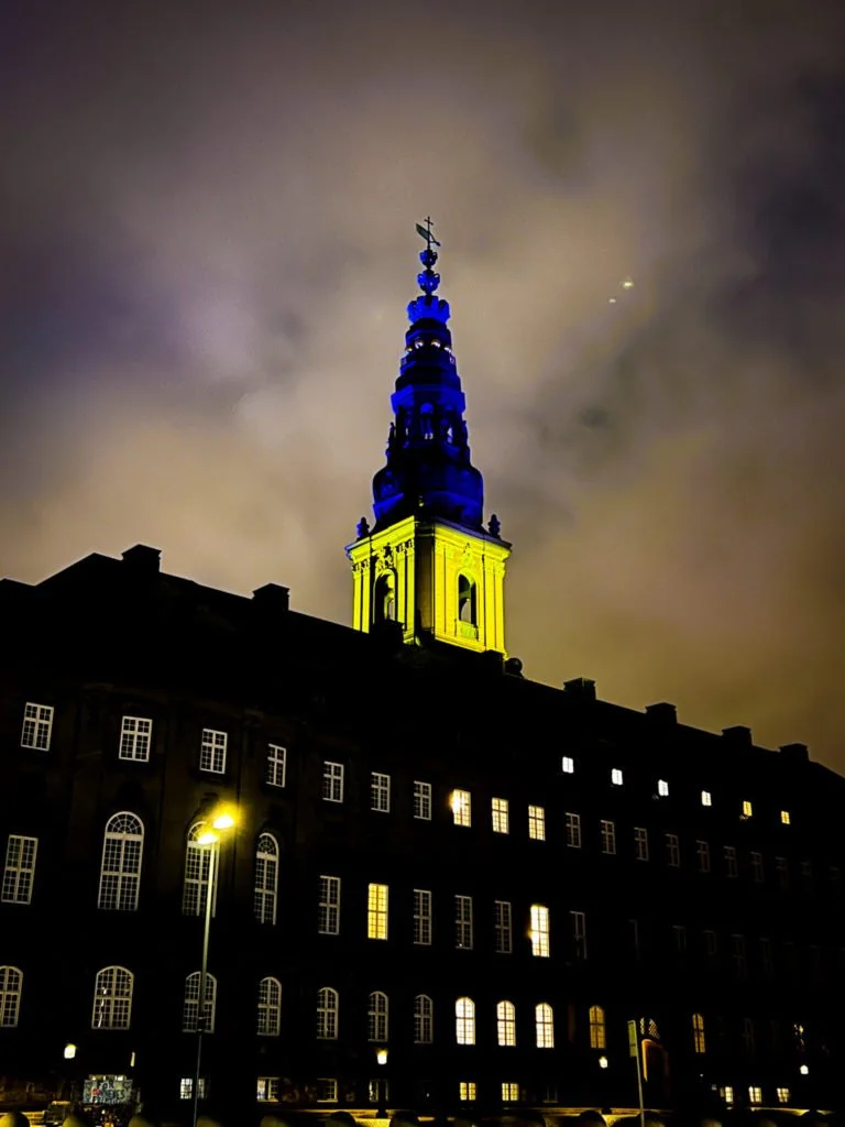 The Christiansborg Palace in Copenhagen at night.