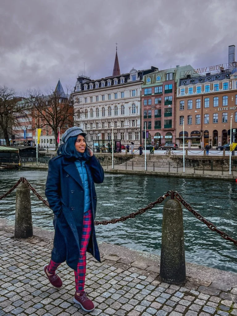 Kiki from RooKiExplorers strolling near a canal in Malmo.