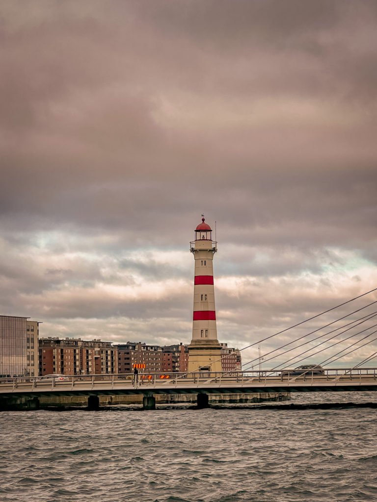 A tall lighthouse in Malmo.