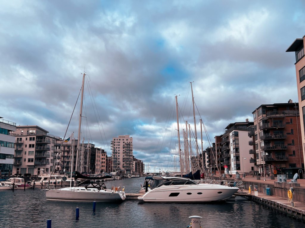 A few yachts docked at the Malmo harbor.