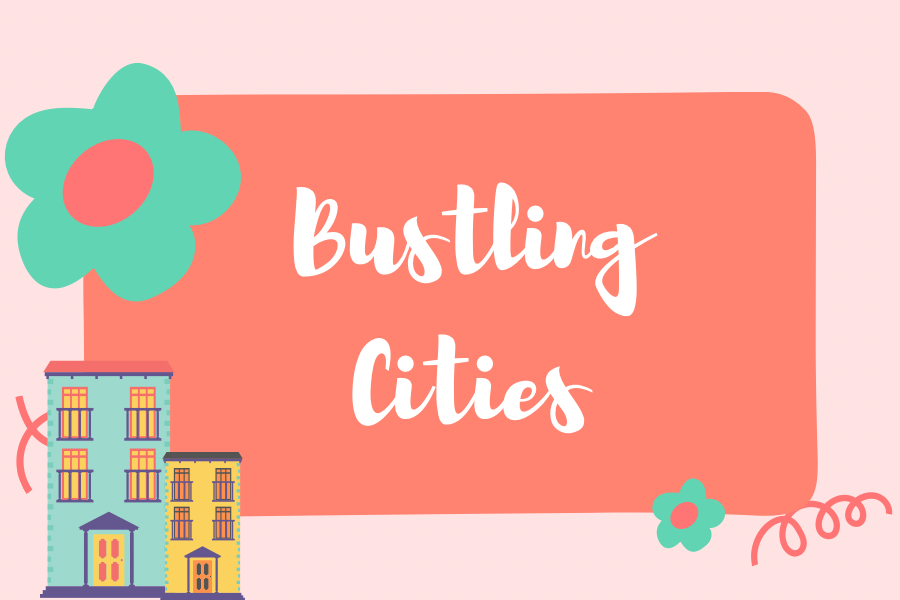 The words 'Bustling Cities' written on a colored background.