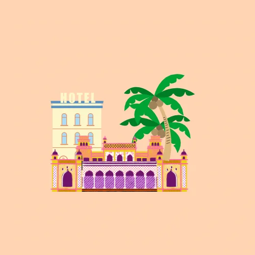 A hotel and palace with a coupe of trees.