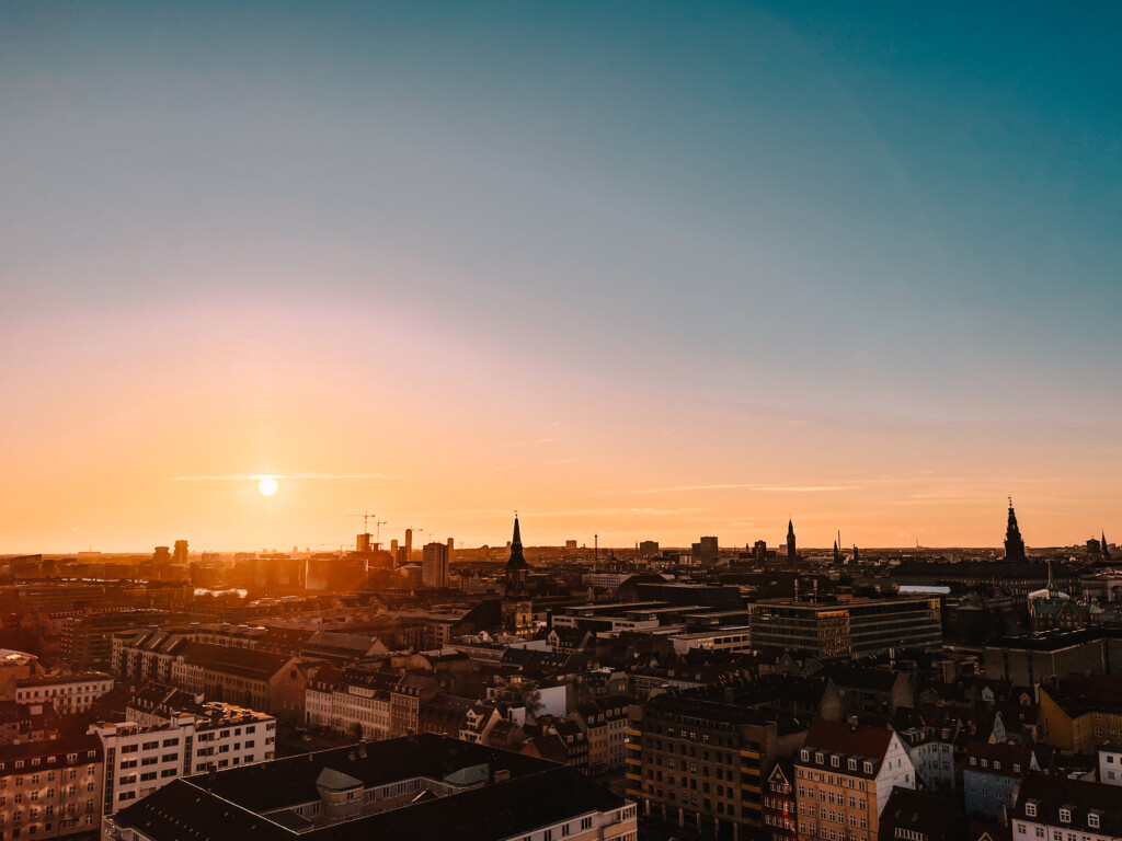 The view of Copenhagen's skyline from the Stairway to Heaven during golden hour.