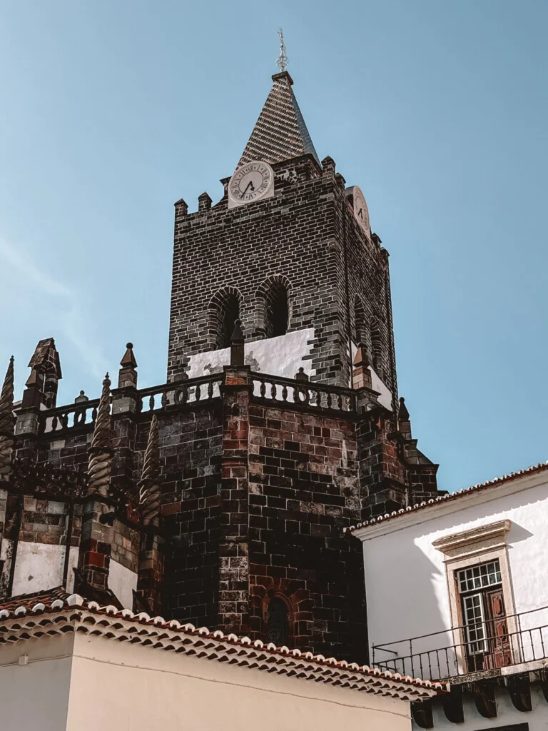 The clock tower of the Funchal Cathedral.