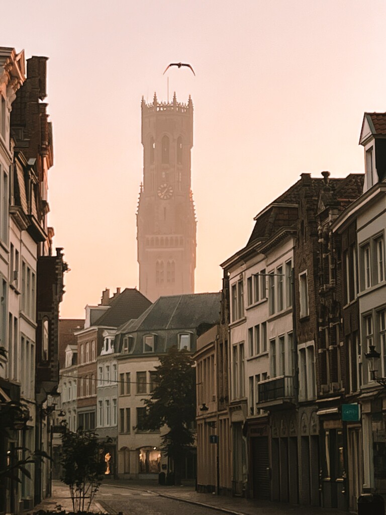 Belfry of Bruges during sunrise in Bruges, Belgium.