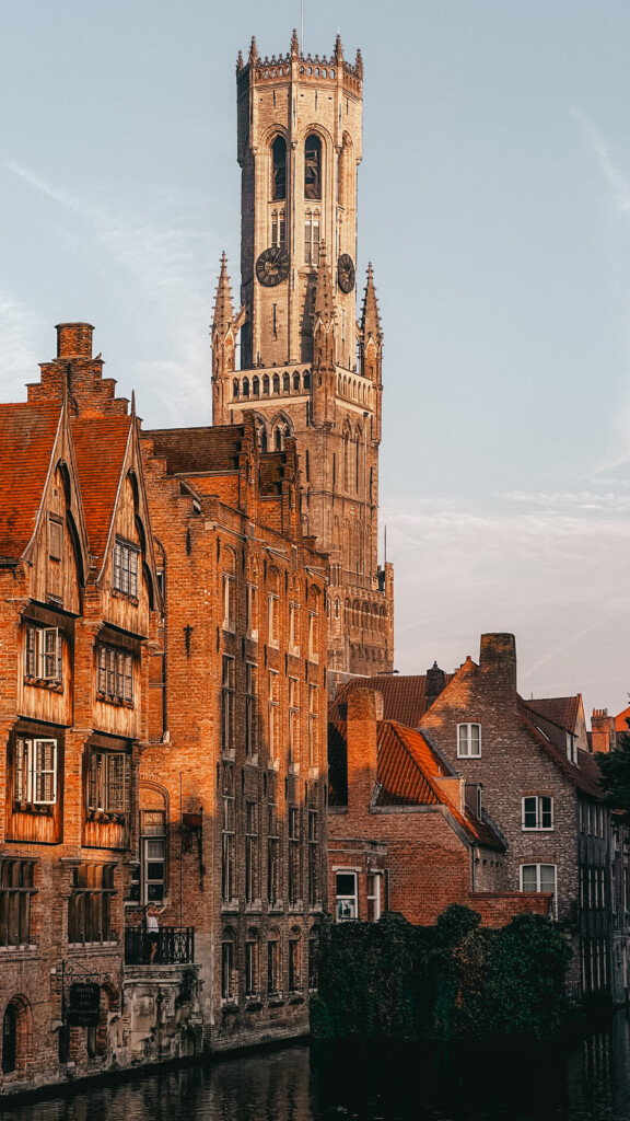 View of the Belfry of Bruges from Rozenhoedkaai in Bruges, Belgium.