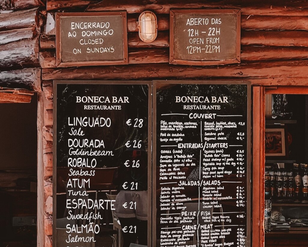 The menu in Boneca Bar, Carvoeiro.