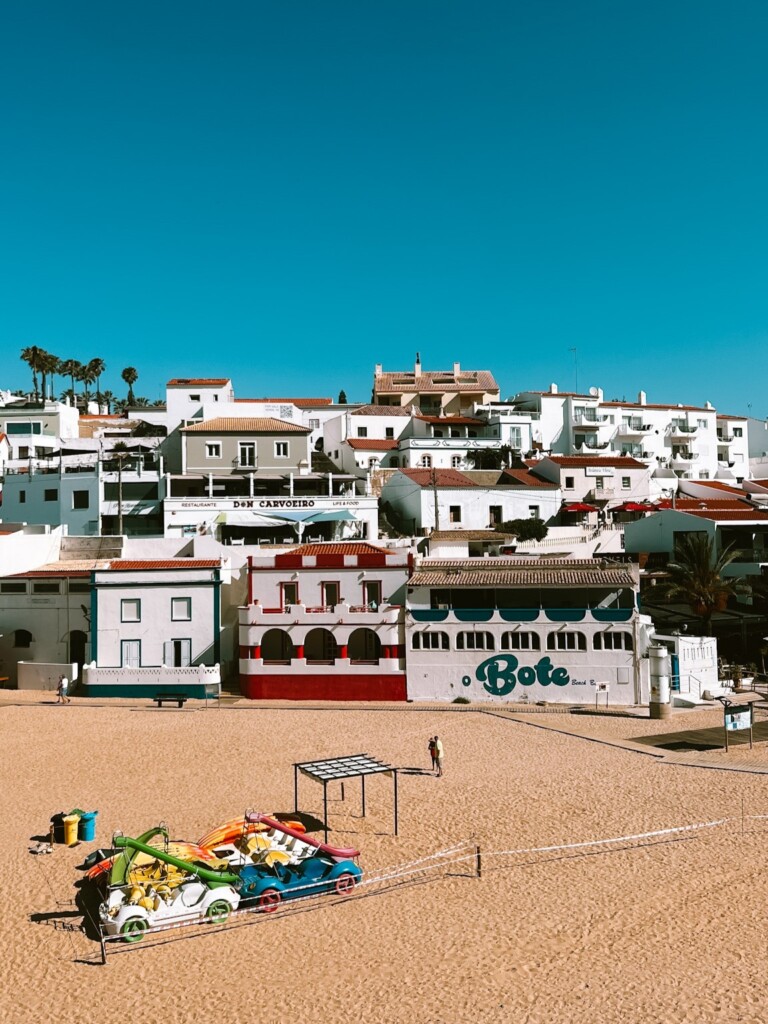 A few buildings overlooking Praia de Carvoeiro in Carvoeiro, Algarve.