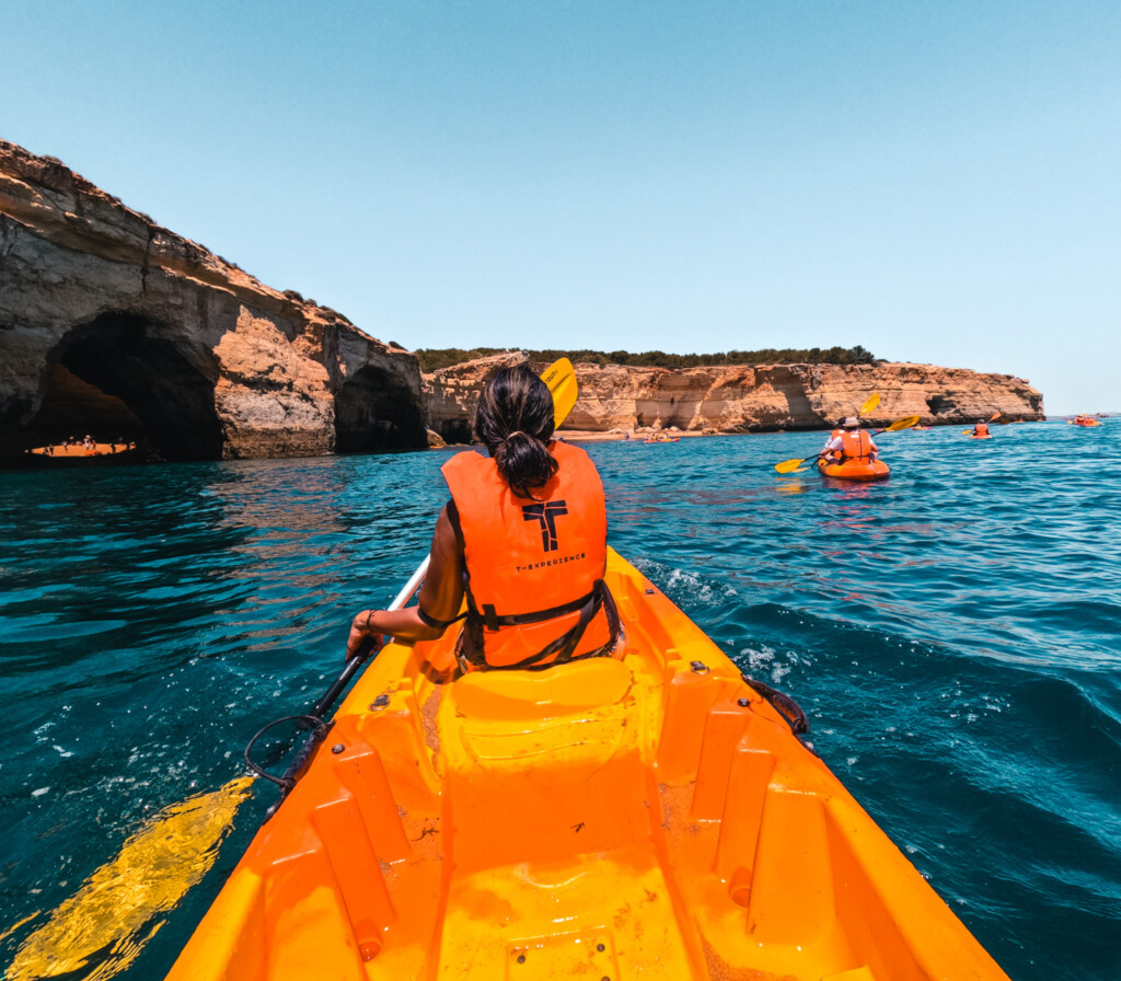 Kiki from RooKiExplorers kayaking to the Benagil Caves in the Algarve.
