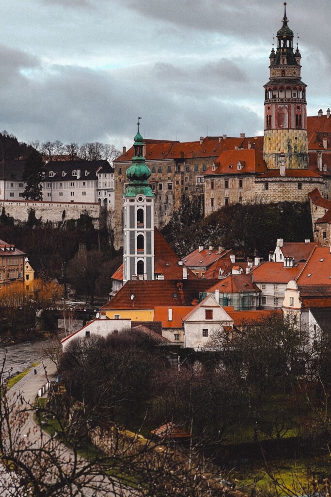 The tower of Český Krumlov's castle and the surroundings in the town of Český Krumlov.