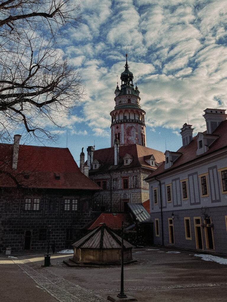 The tower of Český Krumlov's castle in the town of Český Krumlov.
