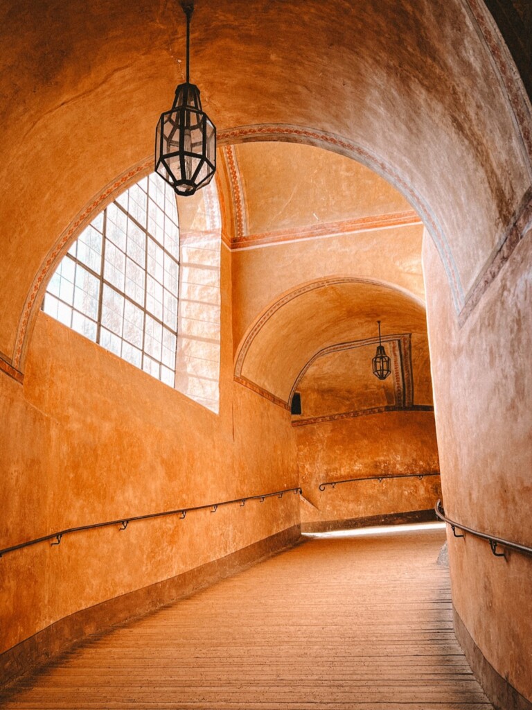 A corridor in a courtyard of Český Krumlov's castle in the town of Český Krumlov.