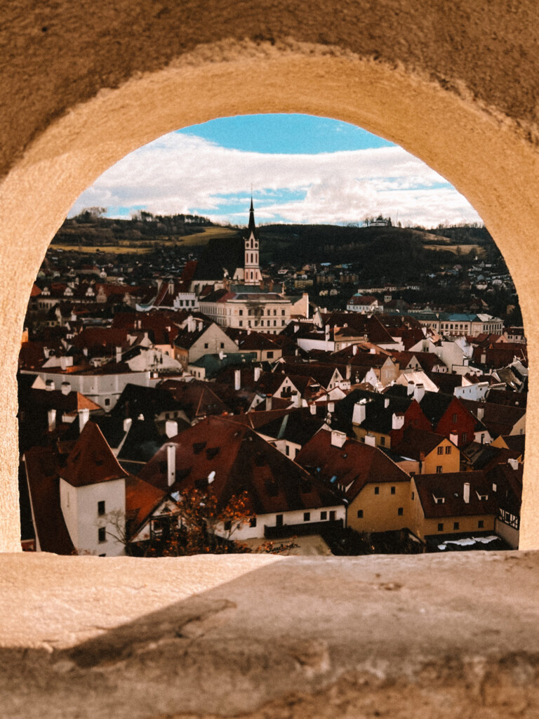 View of Český Krumlov from the cloak bridge.