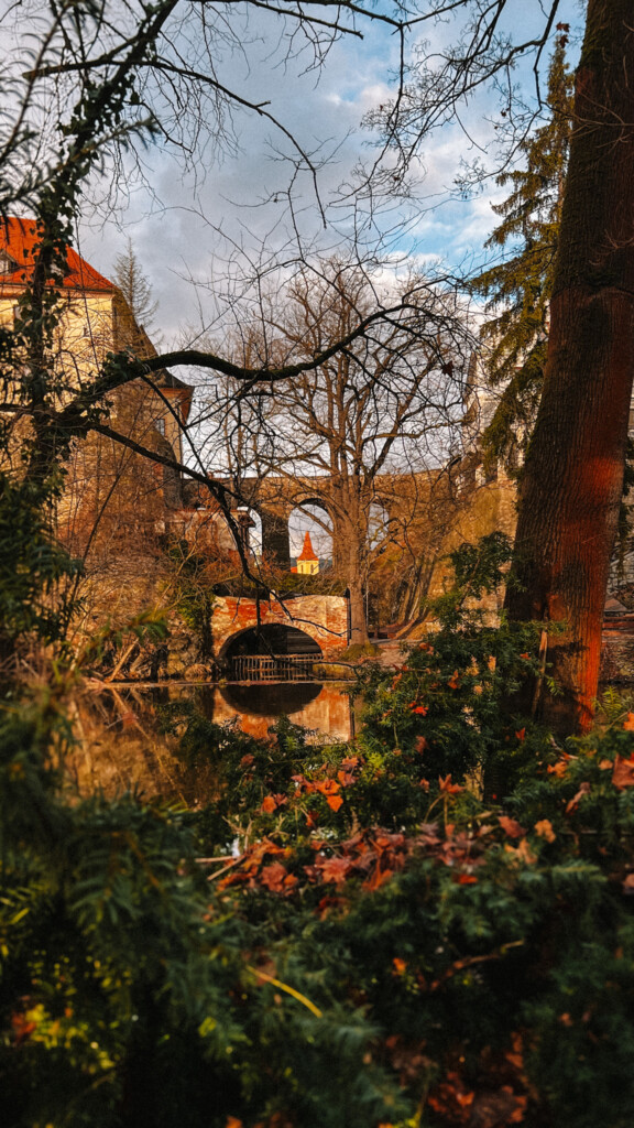 View of a bridge from Český Krumlov town park.