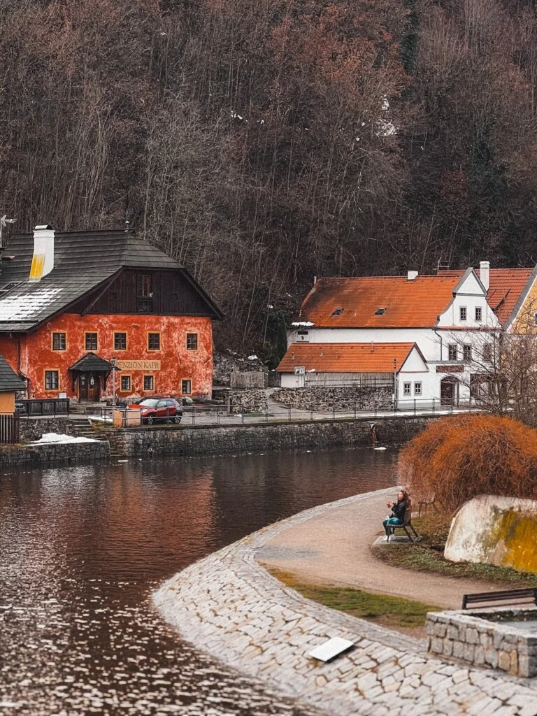 View of the riverside from the Vltava Bridge in Český Krumlov.