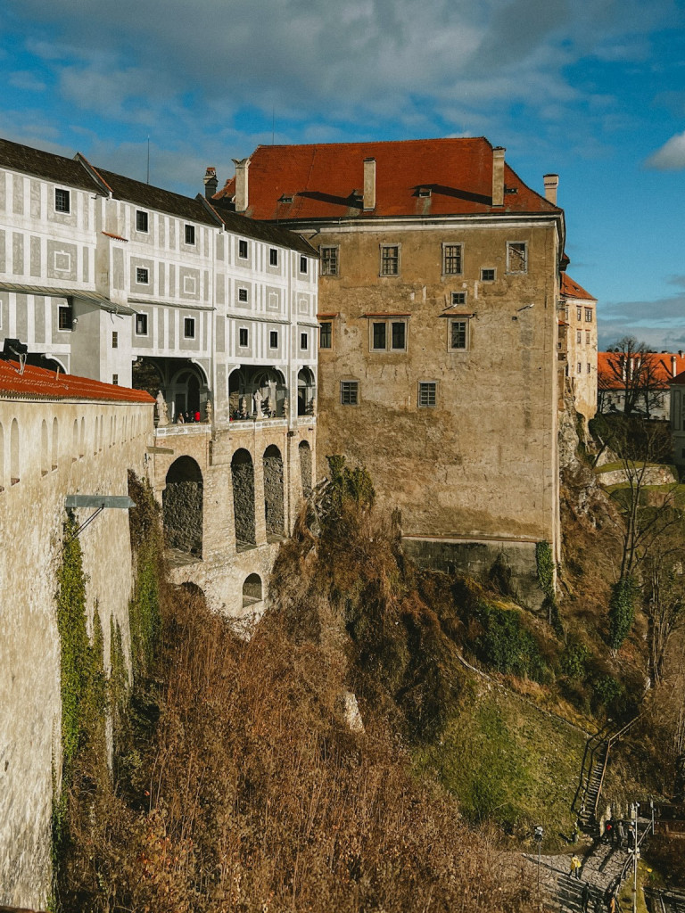 View of the cloak bridge from Konírna in Český Krumlov.